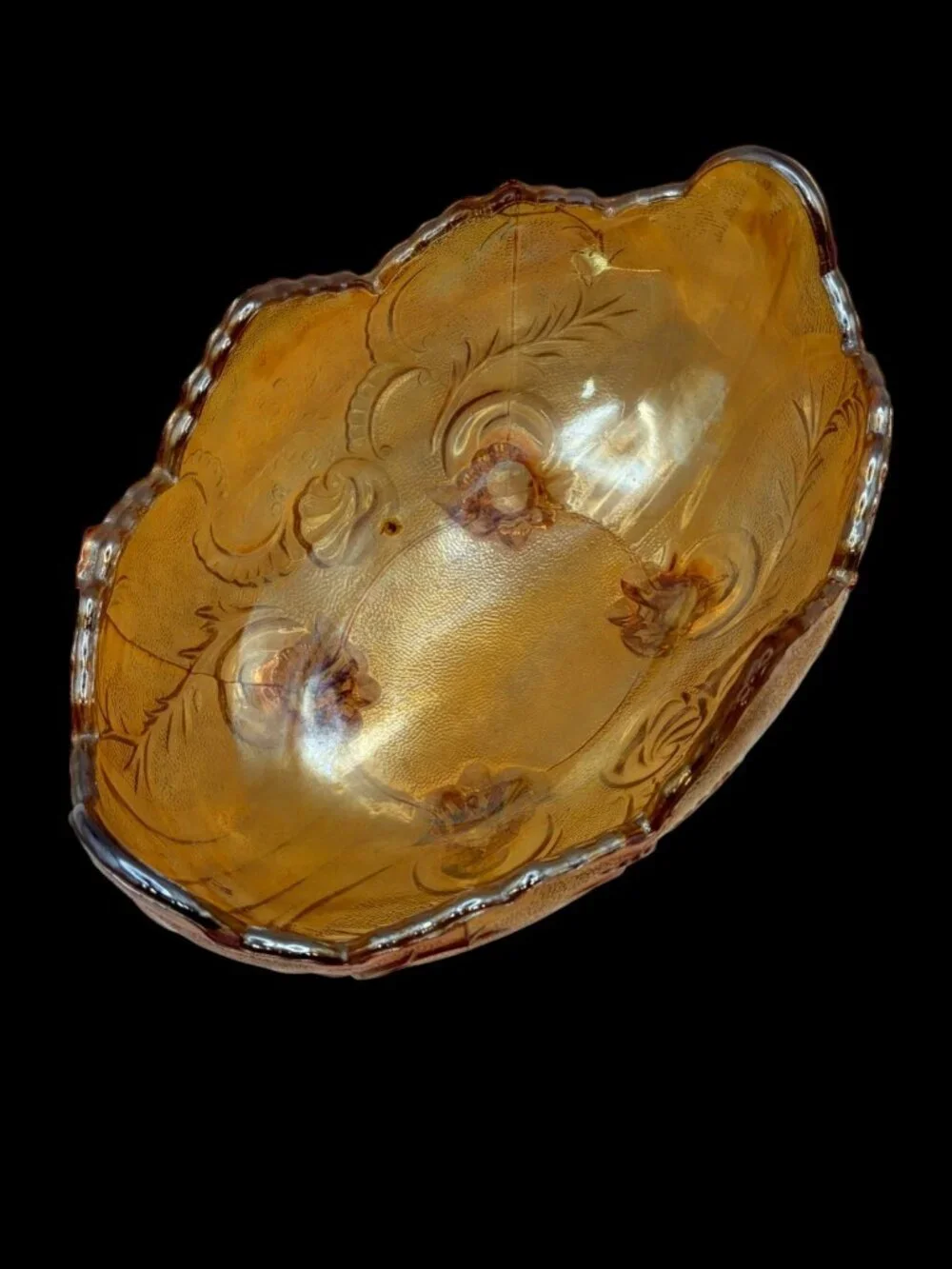 VTG Jeannette Iridescent Glass Lombardi Carnival Footed Fruit Bowl Marigold